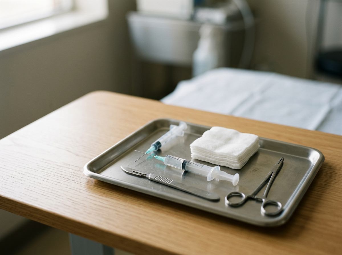 Hospital bed with a metal tray holding syringes, gauze, forceps, and a scalpel, on a light-colored wooden table in a clinical setting.
