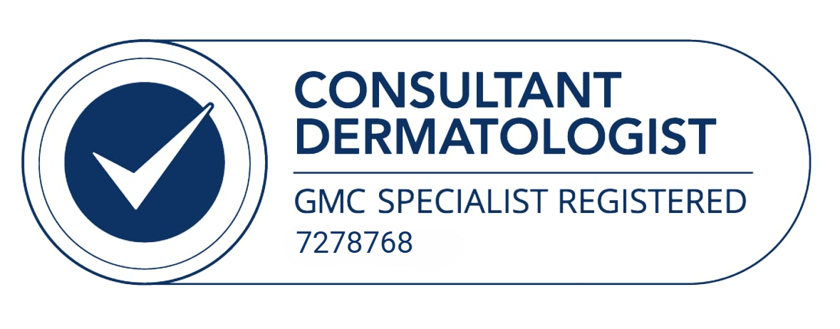 Business card for a dermatology consultant, GMC specialist registered, with a checkmark icon.