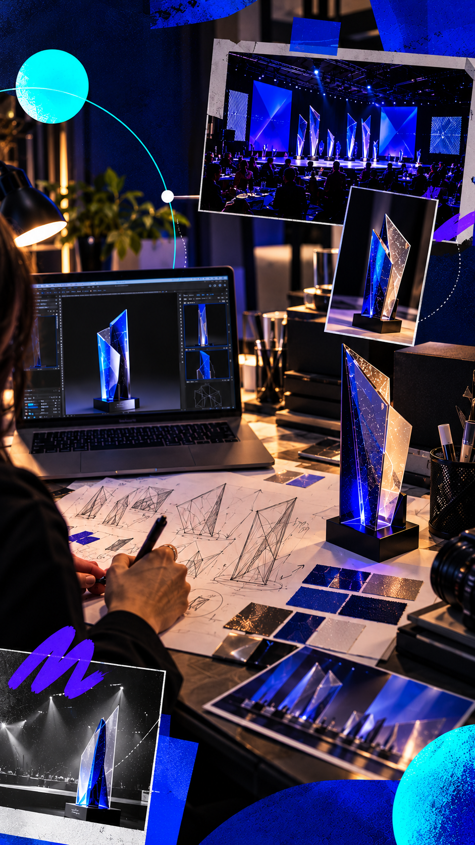 Designers working on visual concepts of a futuristic blue and silver trophy at a workspace for an event. Multiple screens display digital renderings and photographs of the trophy, with a large LED stage setup visible in one photo.