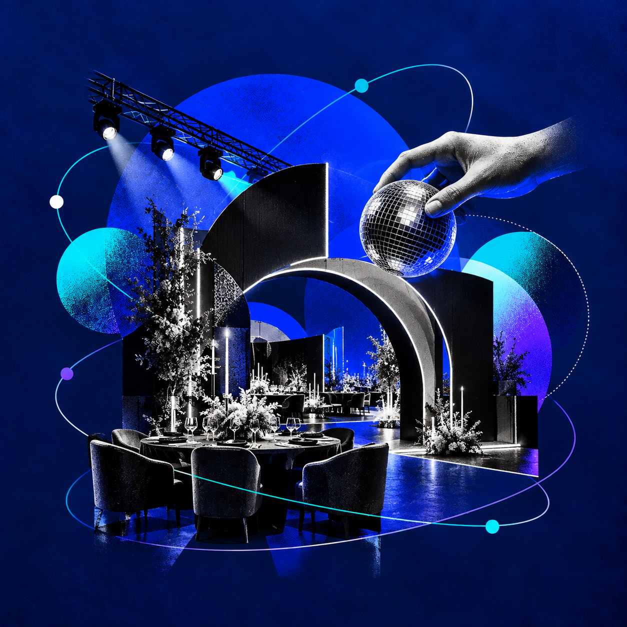 A digitally manipulated scene depicting a banquet hall with circular tables, chairs, and floral centerpieces, surrounded by futuristic geometric shapes, arcs, and a large hand holding a disco ball against a blue background with dynamic lighting and digital effects.