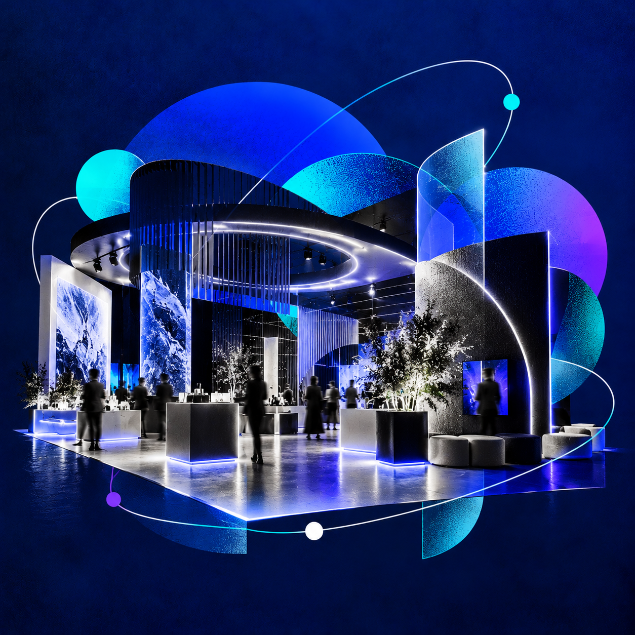A modern event space with black and white decor, illuminated with blue and purple lighting, featuring large digital screens, trees, and abstract circular light decorations overhead.