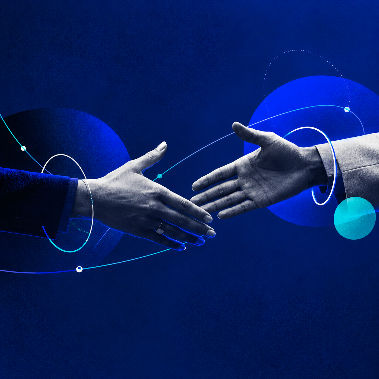 Two hands reaching out to shake against a blue background with digital circles and lines.