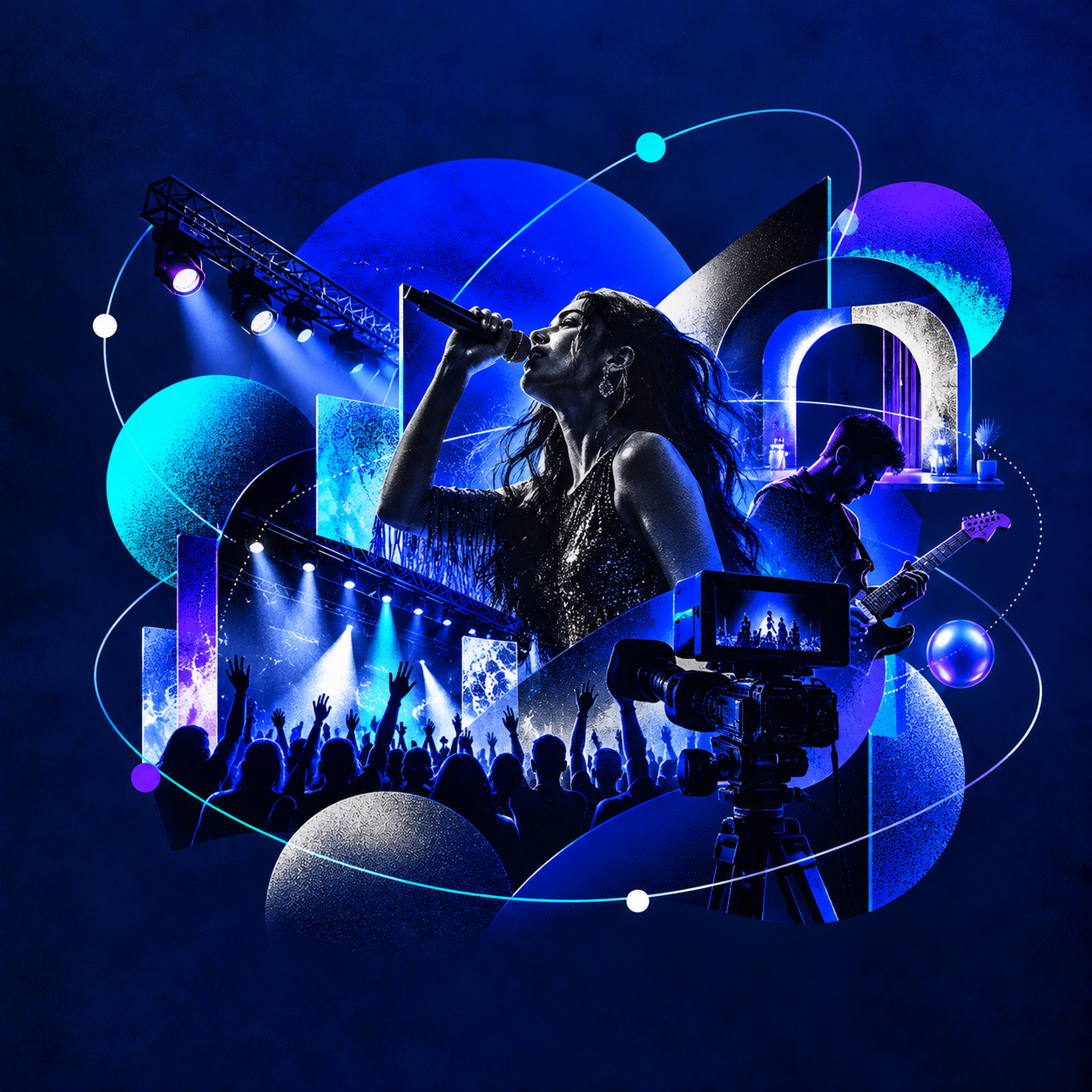 A concert scene with a singer holding a microphone, a guitarist playing, a crowd with raised hands, stage lights, and abstract blue and purple design elements.