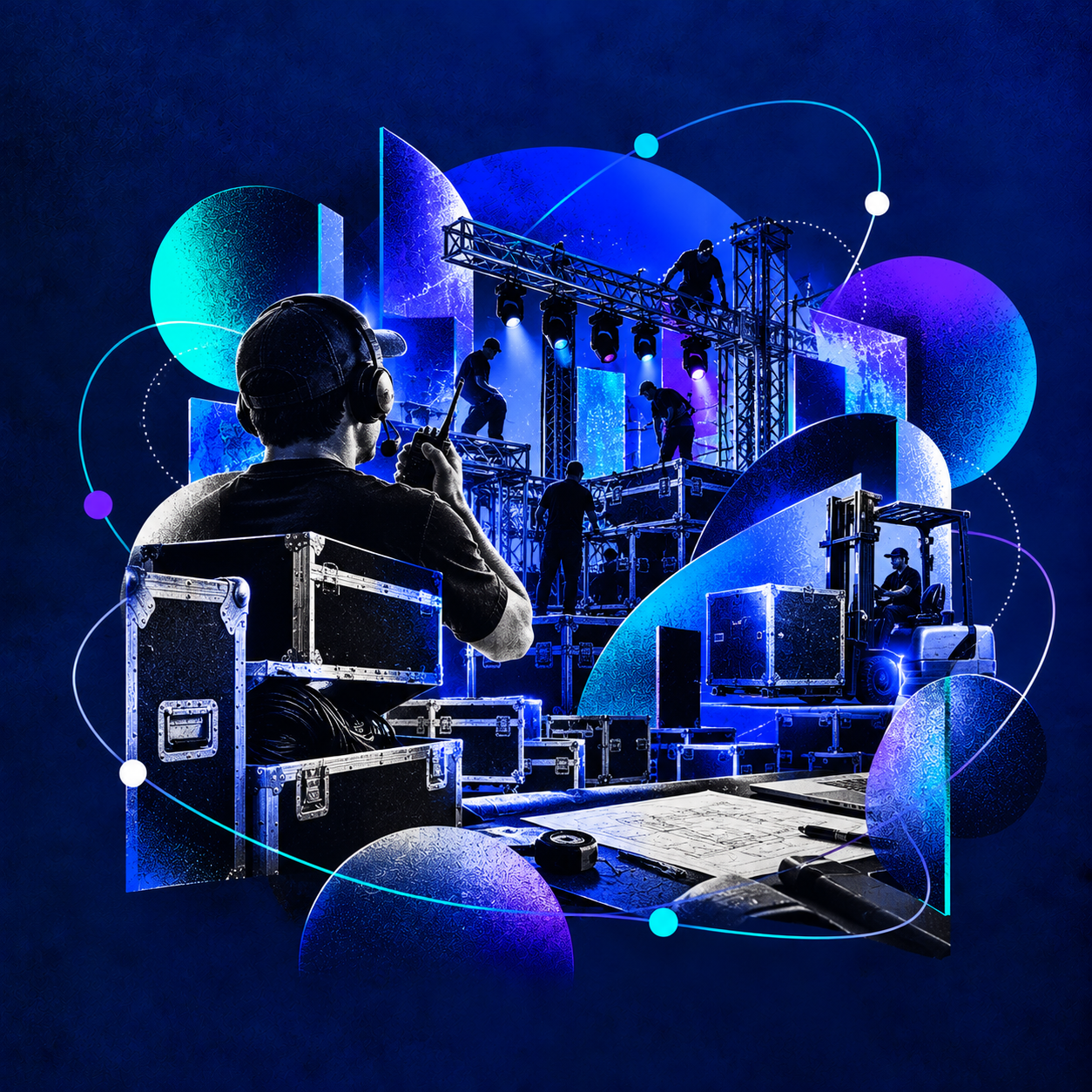 Stage crew setting up lighting and scaffolding for a concert or event, viewed from behind a worker with a headset, with abstract graphics overlay.
