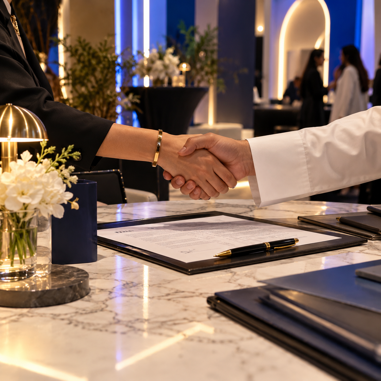 Two people shaking hands over a wedding or signing agreement on a marble table, with documents, a pen, and floral arrangements in a modern, elegant setting.