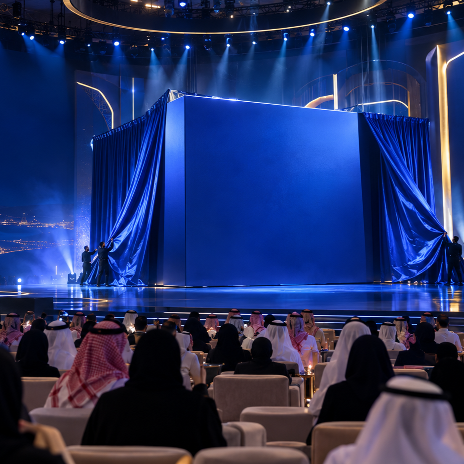 A large blue curtain being unveiled on stage during a formal event with an audience in traditional Middle Eastern attire. The stage is lit with bright spotlights and gold accent lighting.