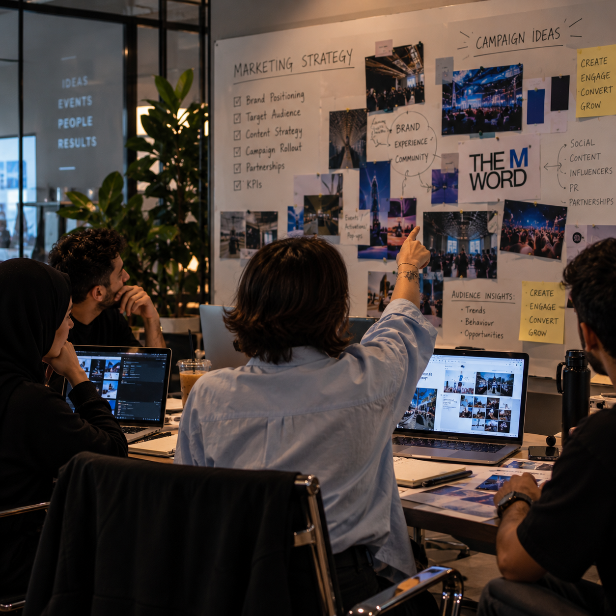 A group of people in a meeting room discussing marketing strategies, with a woman pointing at a whiteboard filled with notes, images, and diagrams related to campaign ideas, audience insights, and branding.