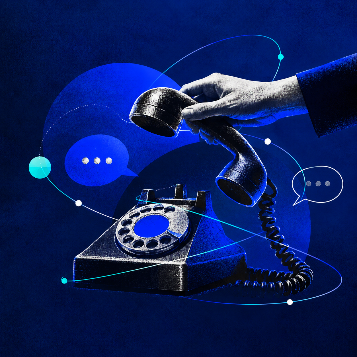A black vintage rotary phone with a hand holding the receiver, set against a blue background with digital graphic elements like speech bubbles and connected dots.