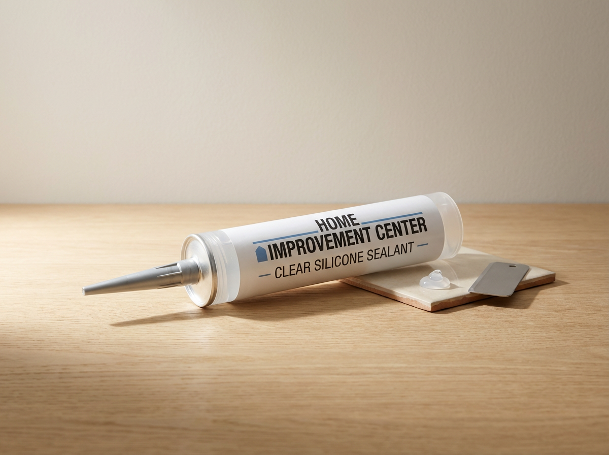 A tube of clear silicone sealant, labeled 'Home Improvement Center,' lying on a wooden surface with a small gray tile and a dollop of sealant next to it.