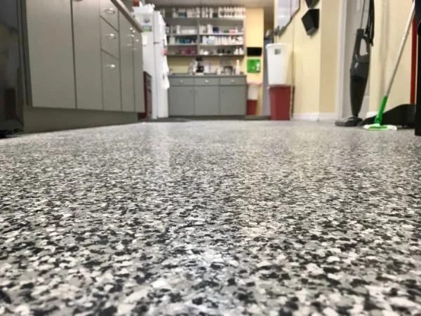 View of a corridor with a granite floor, leading to a background with cabinets, shelves, and cleaning supplies in a laboratory or clinical setting.