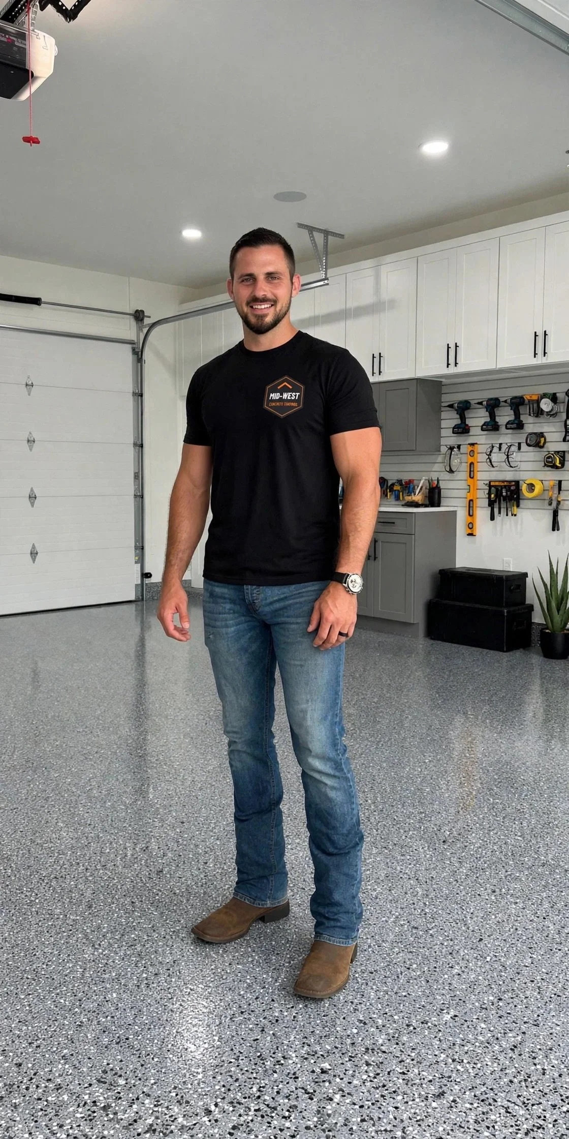 A man standing in a clean, organized garage with white cabinets, tools on the wall, and a large garage door behind him.