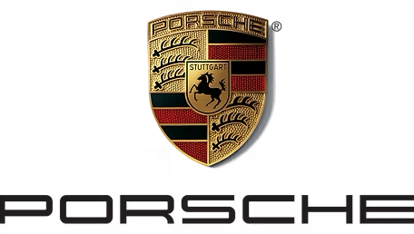 Porsche emblem logo with black text underneath.