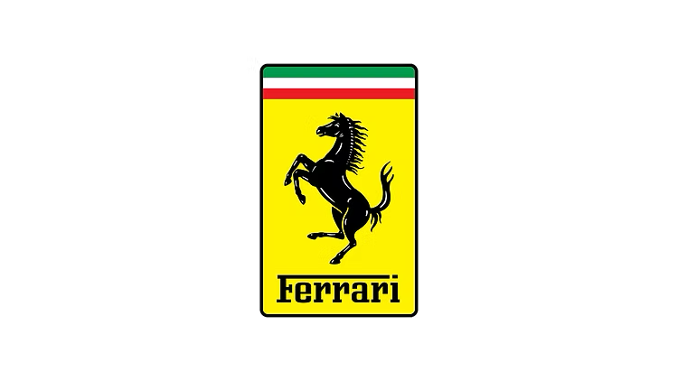 Ferrari logo with a yellow shield and a black prancing horse, red, white, and green stripes at the top.