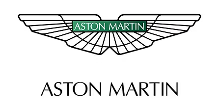 A black background with the Aston Martin logo featuring a silver winged emblem and green rectangular badge with white text reading 'Aston Martin'.