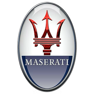 Maserati logo with a trident symbol above the word 'Maserati' on an oval background