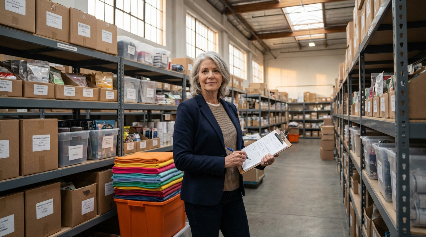 A woman with gray hair wearing a navy blazer and tan sweater is smiling while holding a clipboard and pen in a warehouse aisle surrounded by shelves filled with labeled boxes and plastic containers.