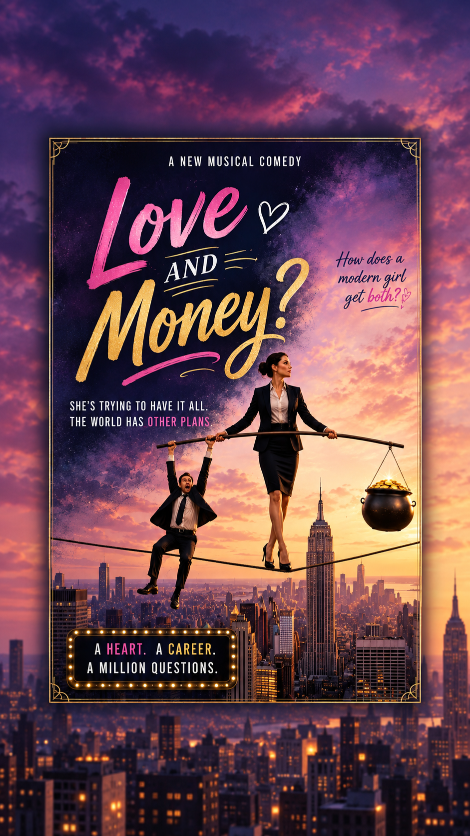 Love and Money musical poster showing a businesswoman balancing on a tightrope above Manhattan while a man hangs from the bar and a pot of gold hangs at the other end.