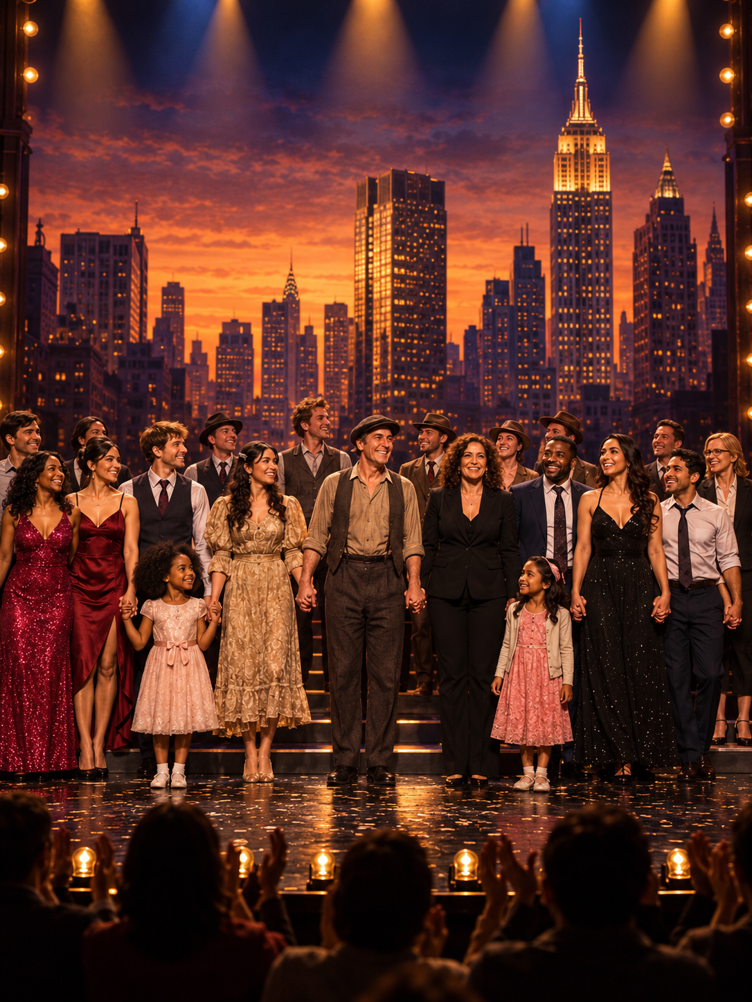 The Love and Money ensemble taking a curtain call onstage against a New York skyline.