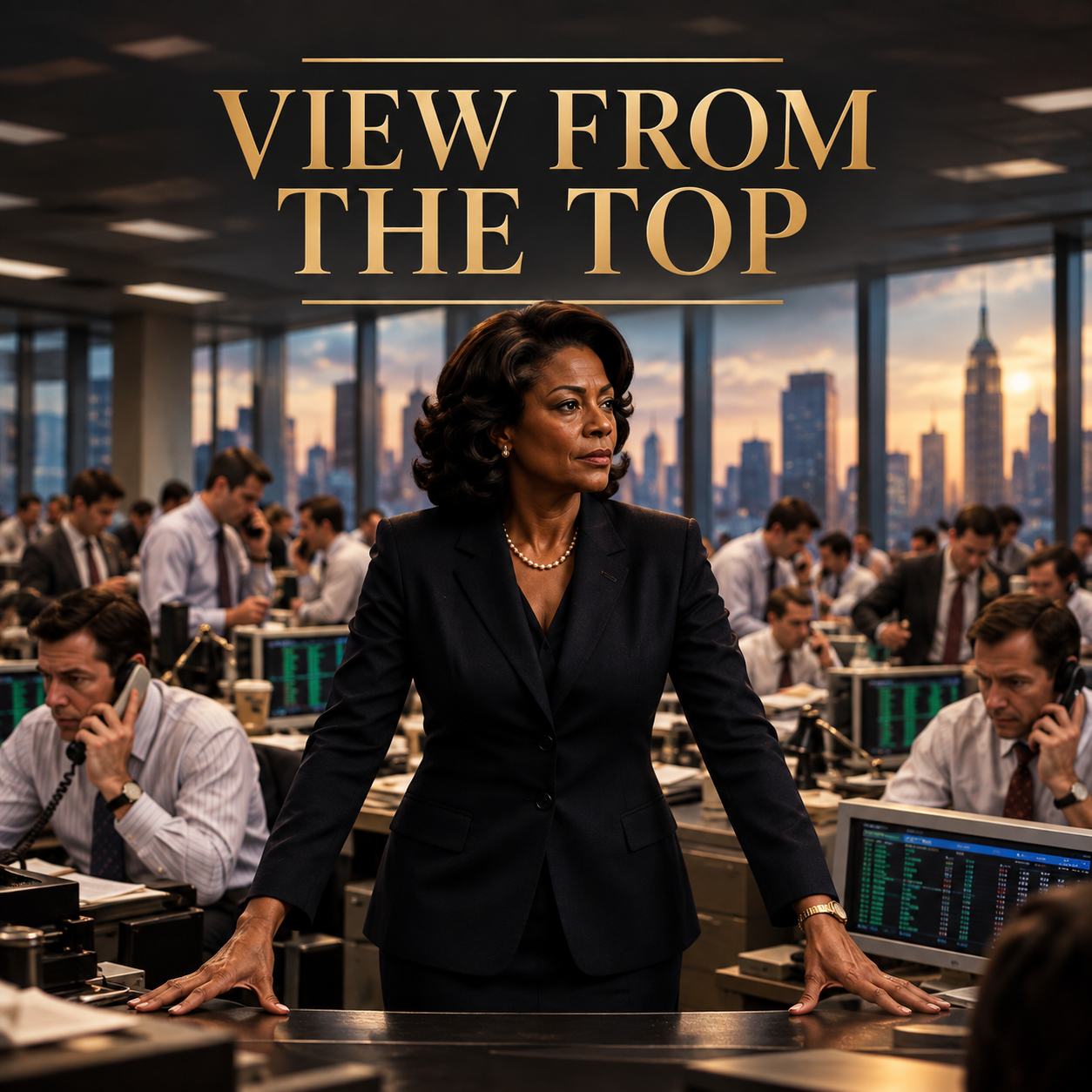 A confident woman in a black business suit stands in a busy office with a view of a city skyline at sunset. She appears to be overseeing or leading a trading or financial operation.