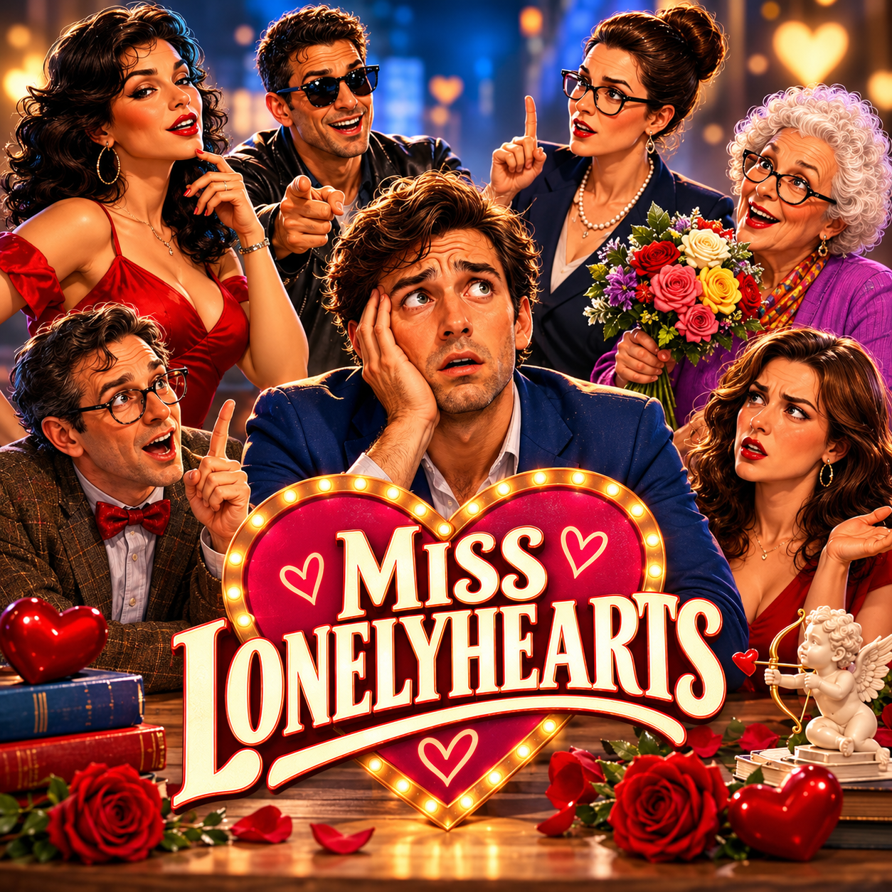 A worried man surrounded by friends offering conflicting romantic advice in a colorful comic scene.