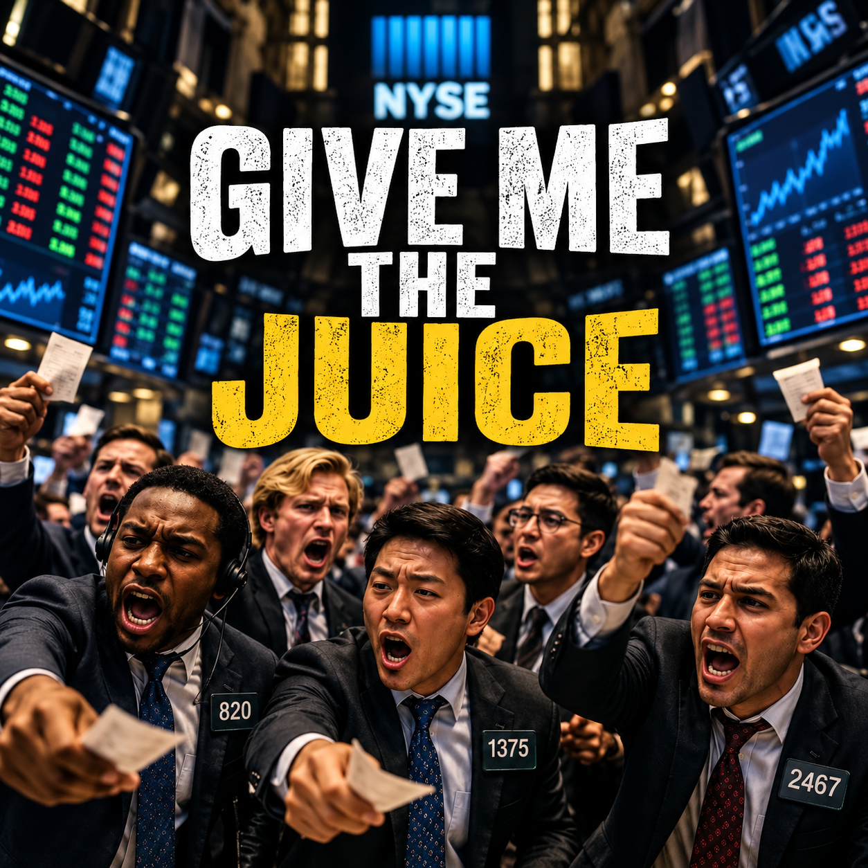 Excited traders crowd a hectic stock exchange floor beneath the title Give Me the Juice.