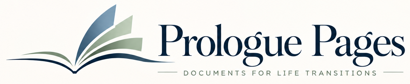 Logo for Prologue Pages with a stylized open book icon and the tagline 'Documents for Life Transitions'.