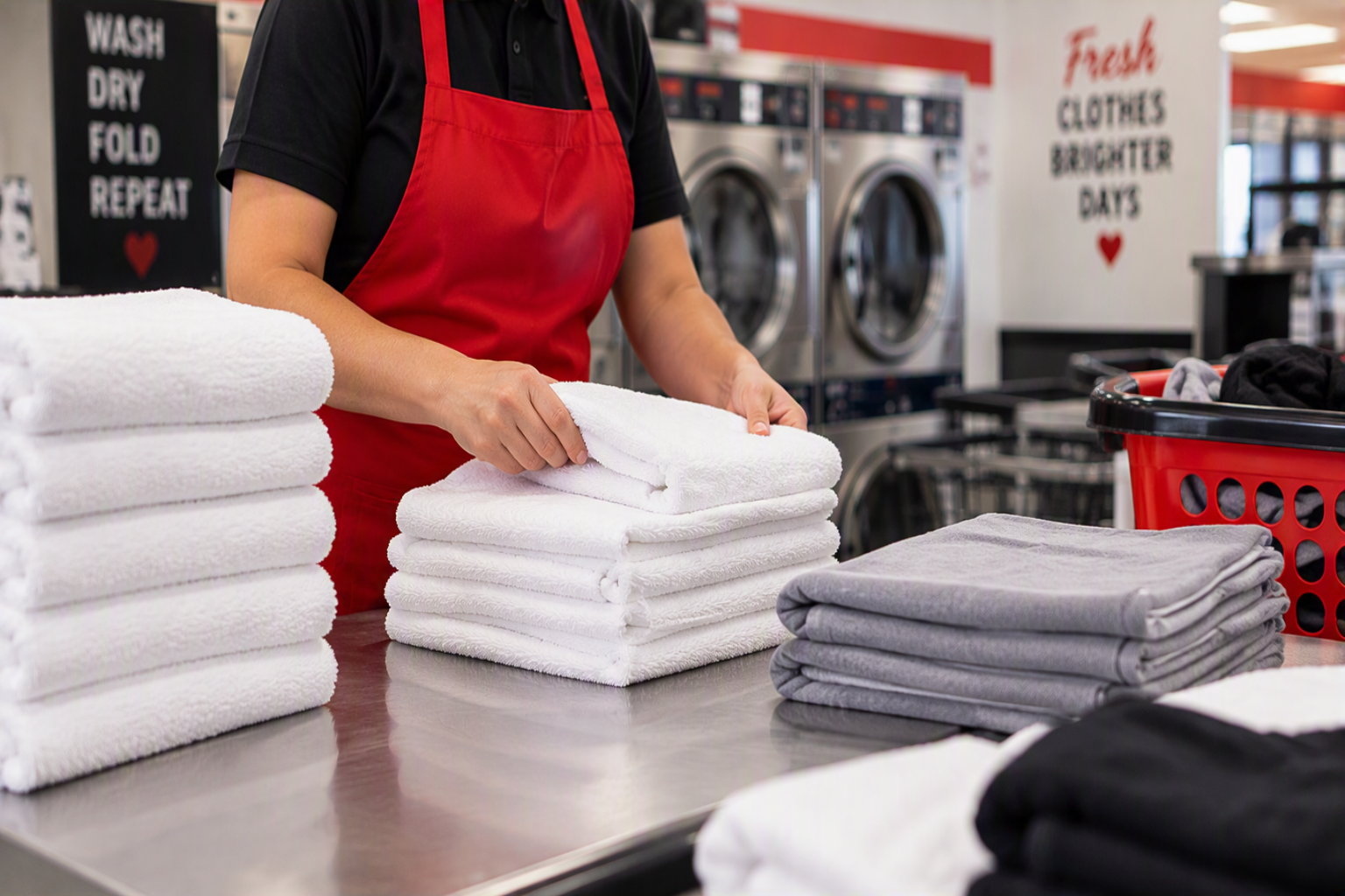 Laundry attendant folding clean towels for the Wash & Fold service at Main Street Laundry in Kansas City, Missouri.