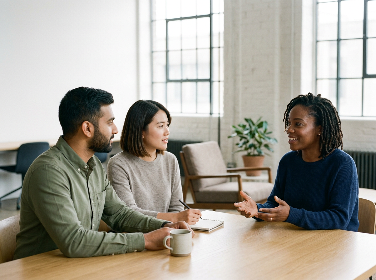 Three people sitting at a coffee table in a bright room having a conversation, with a woman speaking and two listening.