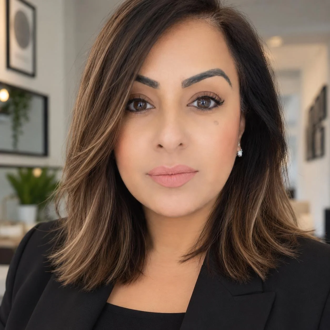 Close-up portrait of a woman with shoulder-length brown hair, wearing a black blazer and earrings, in a well-lit modern indoor setting with framed pictures and plant decor in the background.