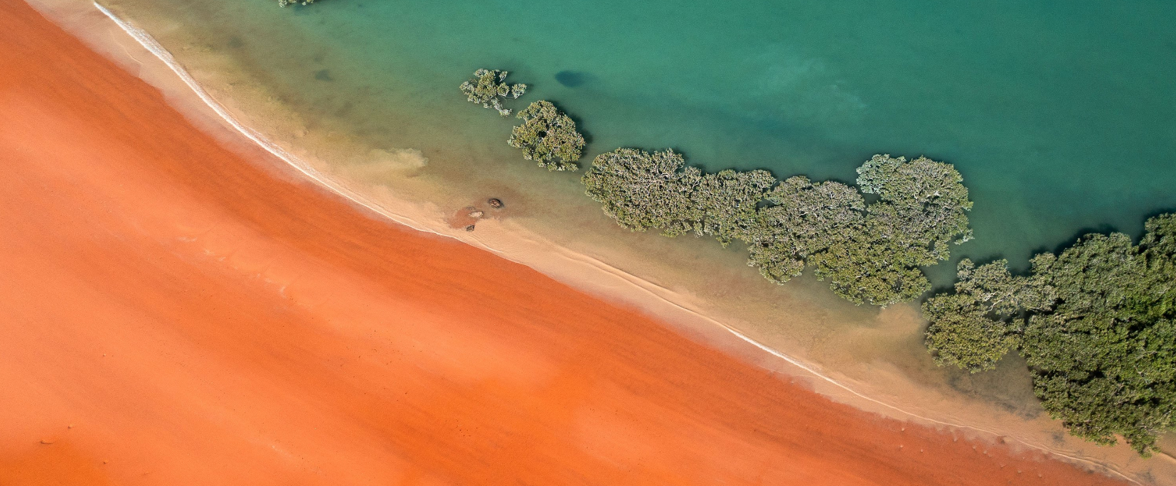 Aerial view of a beach with orange sand, green water, and trees along the shoreline.