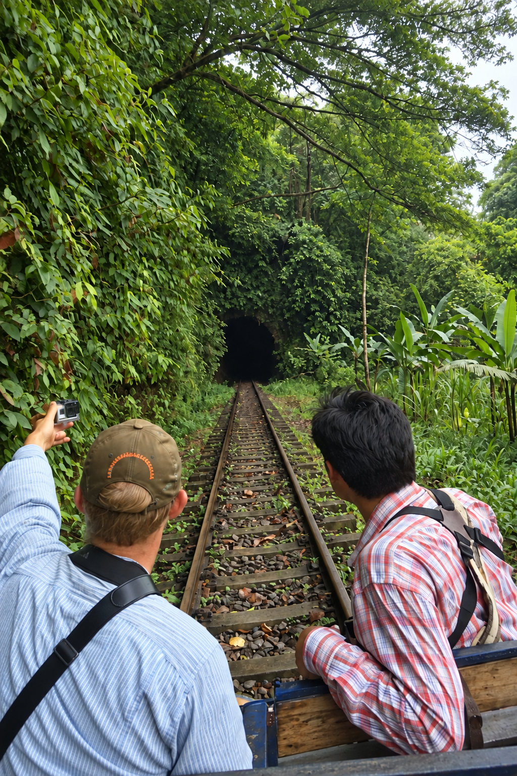 Two passengers riding a brujita through the rainforest toward a railway tunnel in San Cipriano, Colombia.