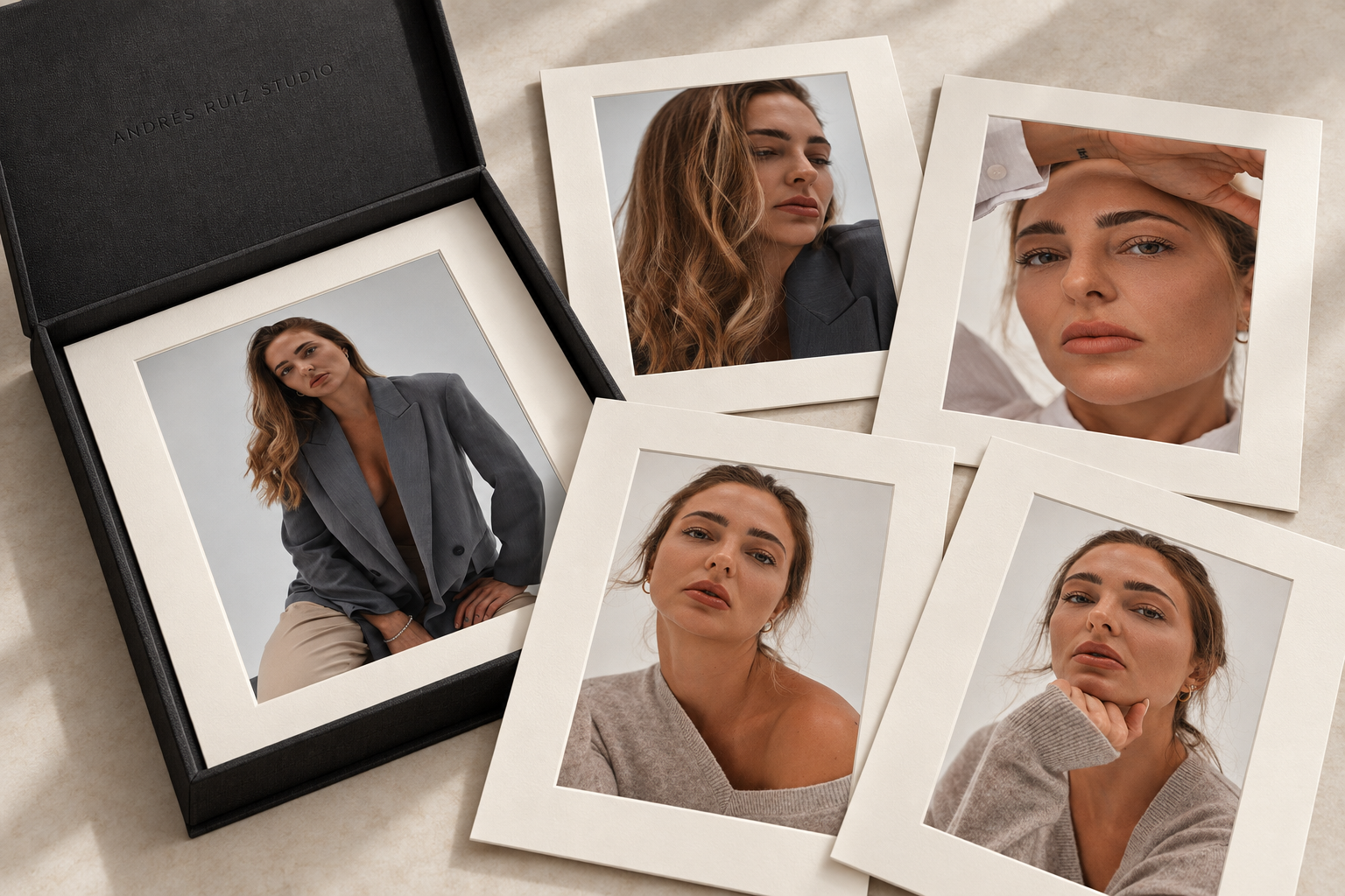 A collection of five portrait photographs of a woman, with one in a black box and four laid out on a beige surface. The woman has wavy hair, light makeup, and is dressed in different outfits, striking various poses.