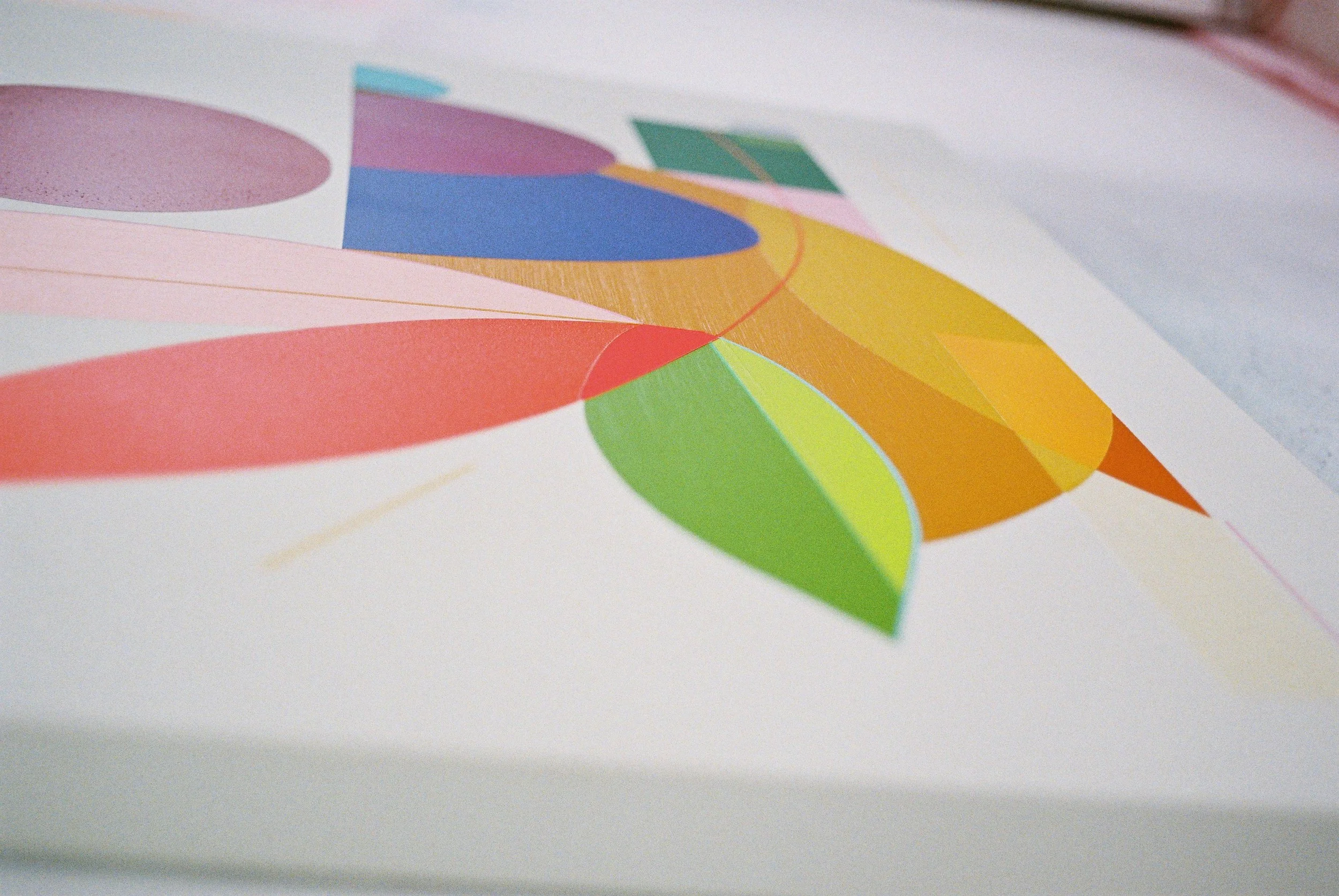 Close-up detail of a colourful abstract artwork by Irish painter and printmaker Luke Reidy