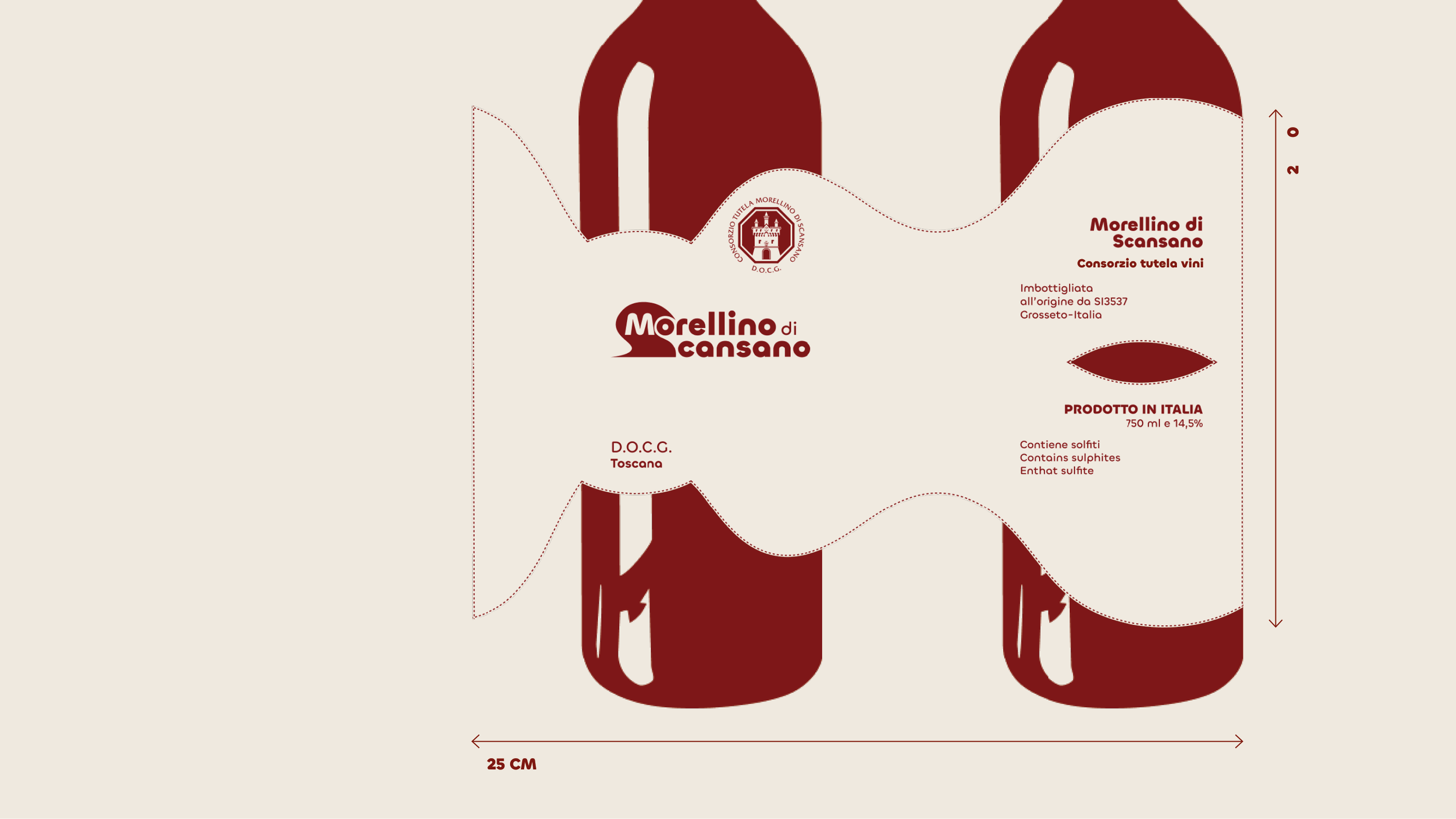 Etichetta di vino con logo, informazioni sul contenuto e origine, disegni di bottiglie di vino e linea di demarcazione, colori beige e marrone scuro.