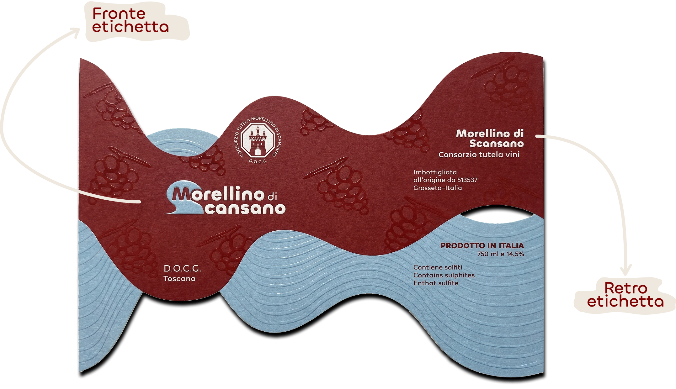 Immagine di un'etichetta di una bottiglia di Morellino di Scansano, vino italiano, con informazioni sul produttore, contenuto e origine, decorata con disegni di grappoli d'uva, e indicazioni di legalità e dettagli di produzione.