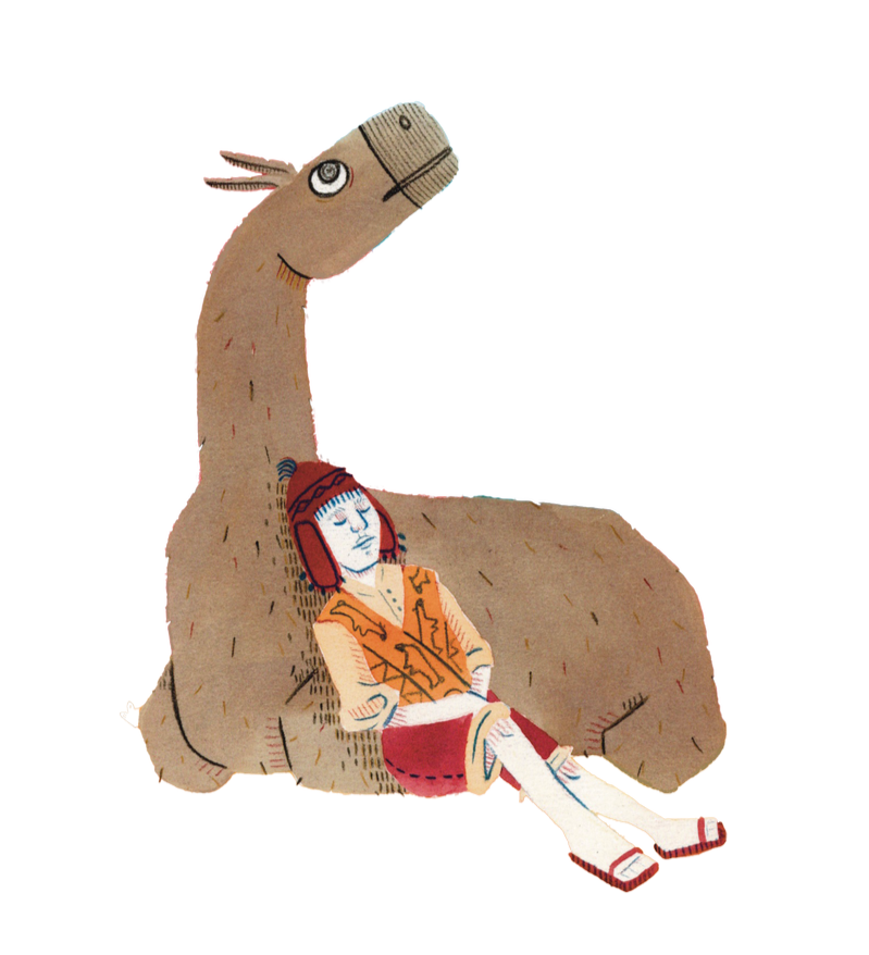 Un'illustrazione di un dinosauro con una donna seduta tra le sue zampe. La donna sembra essere stanca o pensierosa.