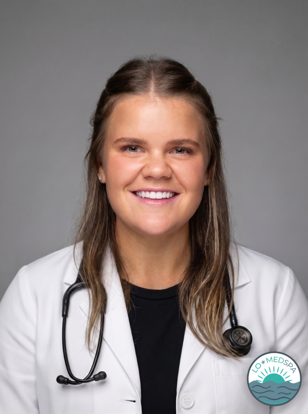 Portrait of a smiling female healthcare professional wearing a white coat and stethoscope, with a logo that says 'LO-MEDSPA' and features a sun and waves in the lower right corner.
