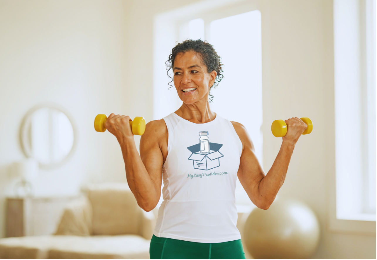 A woman exercising indoors, holding yellow dumbbells, smiling and looking to the side, in front of a large window with bright natural light.