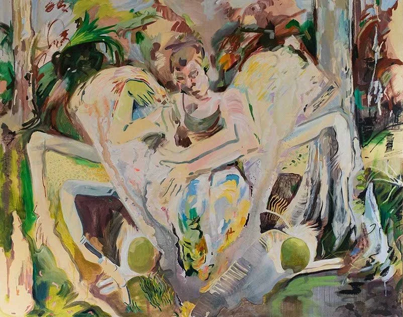 A panting by Rachel Gray of a woman standing in a forest with wings and moth legs surrounding her.