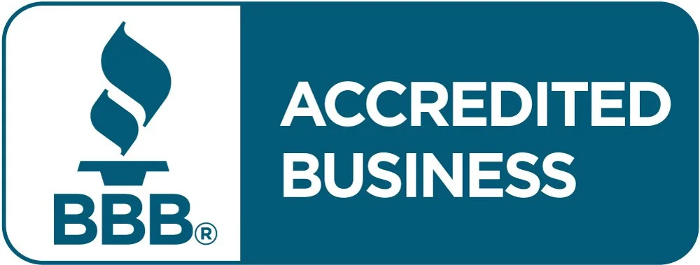 BBB Accredited Business logo with a flame icon and text 'BBB Accredited Business' on a blue background.