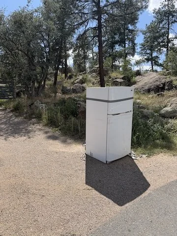 Old, white refrigerator on the side of a road, with trees and rocks in the background.