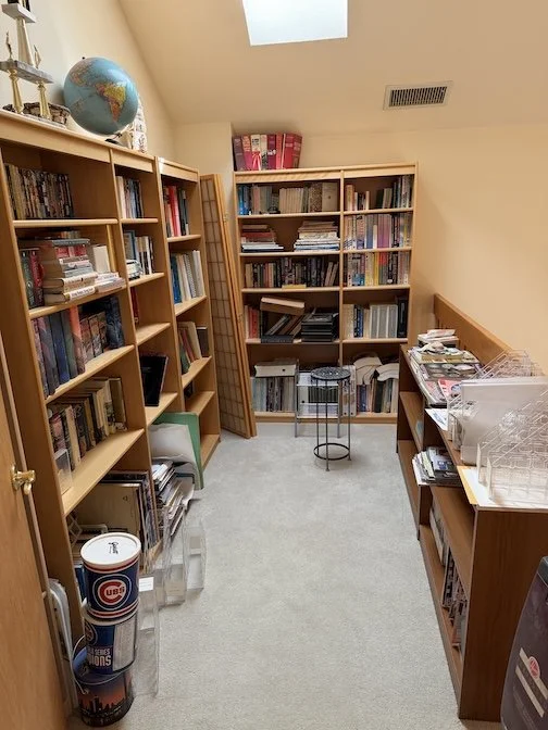 Small attic room with bookshelves filled with books, a globe, and various office supplies, natural light from a skylight, and beige carpet flooring.