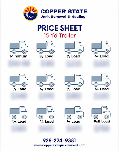 Price sheet from Copper State Junk Removal displaying different truck load sizes from minimum to full load, with a phone number and website at the bottom.