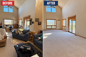 Comparison of a living room before and after cleaning; cluttered with furniture and items in the before image, and empty with cleaned carpet in the after image.