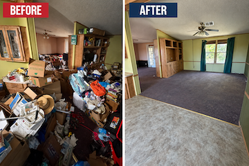 Comparison of a cluttered living room before and a clean, organized living room after cleaning and decluttering.
