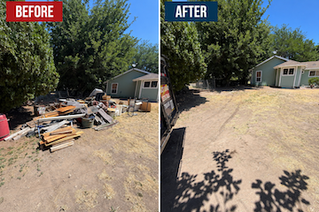 Side-by-side comparison of a backyard before and after cleanup. The before image shows scattered construction debris and wood planks, while the after image shows a cleared, clean yard with visible shadows of trees.
