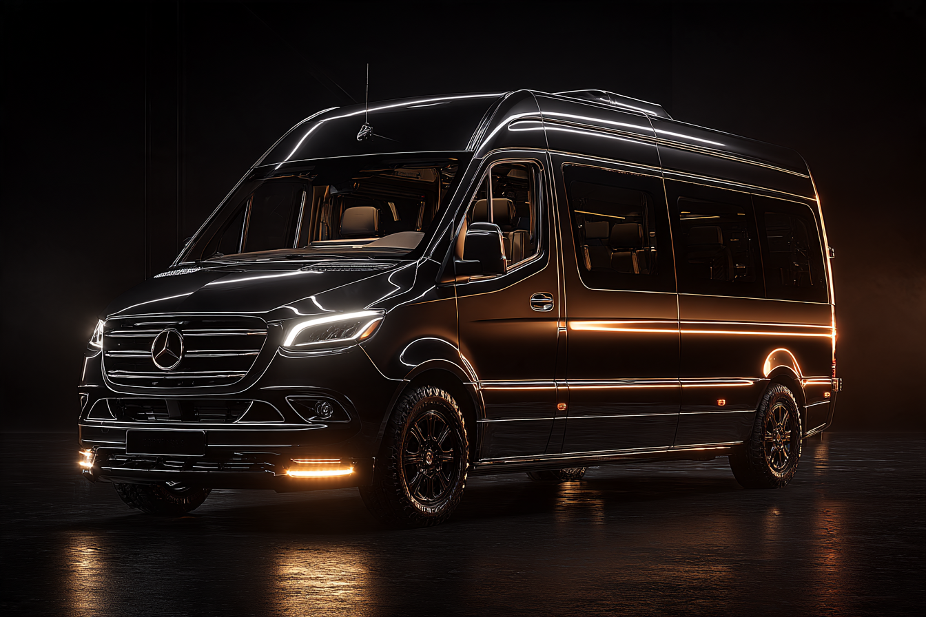 Black Mercedes-Benz Sprinter passenger van