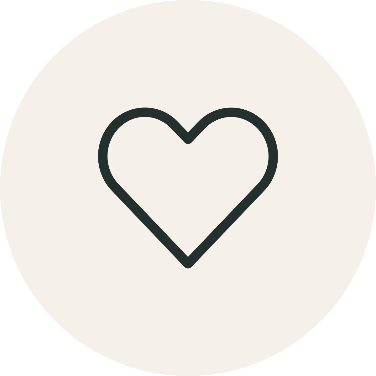 Black outline heart icon in the center of a white circular background.