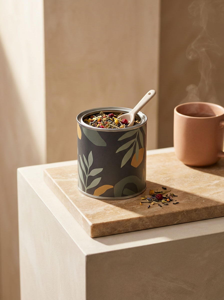A tin container with a leaf pattern, filled with dried herbal tea, has a white spoon inside. There is a spilled tea leaf and berry mix on the marble surface, and a steaming pink ceramic mug in the background.