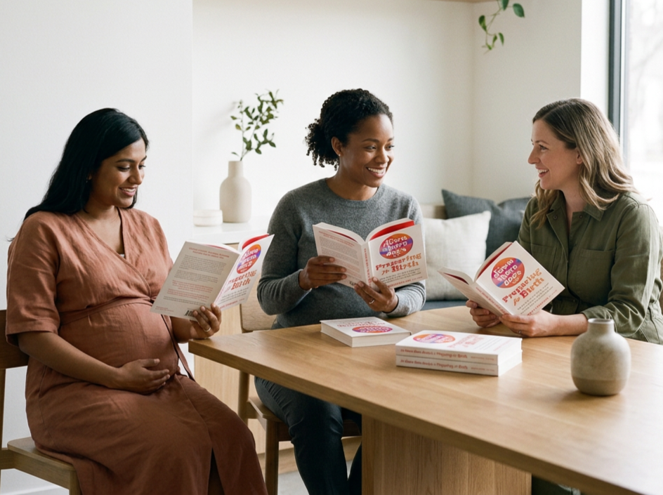 Three women sit at a wooden table, reading books. One woman is pregnant, and they are in a bright room with a window and some potted plants.